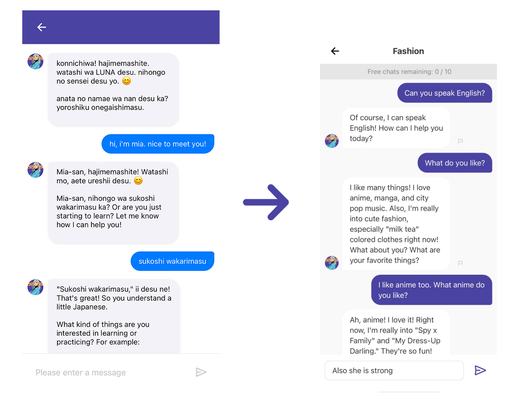 On the chat screen, I displayed the number of chats remaining and showed the AI's “thinking” status with a loading icon. And I moved the report function to an icon and enabled long-press for copying, which improved MAU by 40%.