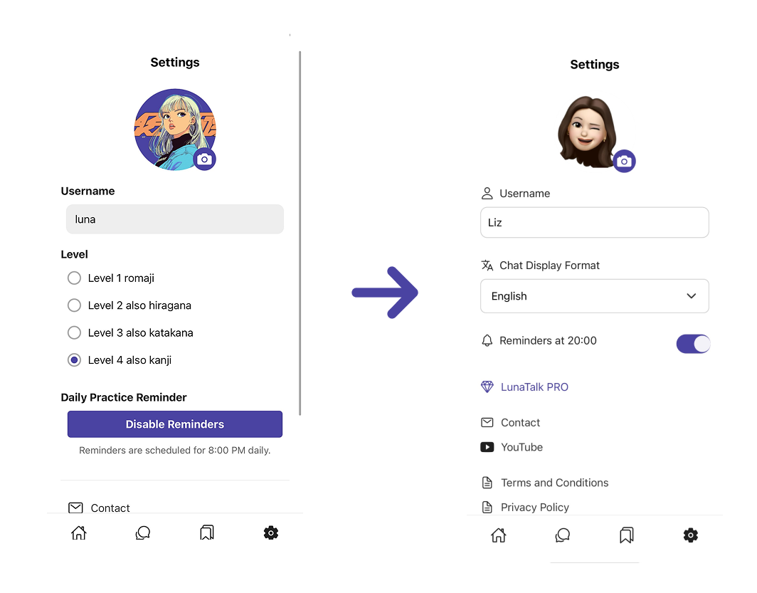 On the settings screen, I clarified the chat format language titles and changed the selection from radio buttons to a dropdown menu. I also made the reminder on/off status immediately visible by switching it to a toggle button.