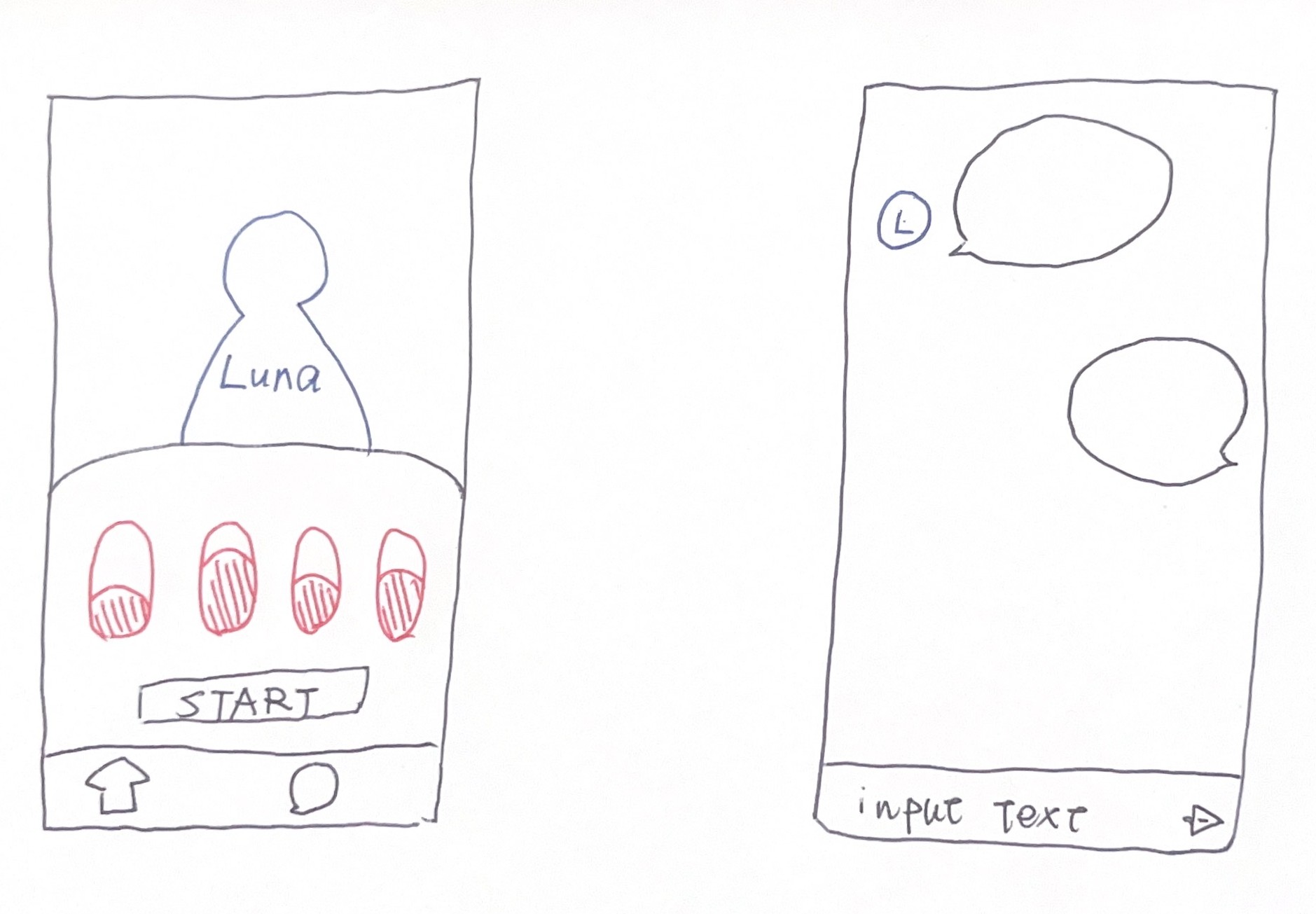 At first, I planned a simple chat app with Luna's image as the main feature. To move faster, I started with sketches on paper. But after the App Store rejected it for being too similar to a website, I refocused on enhancing the chat experience and adding personalized features.