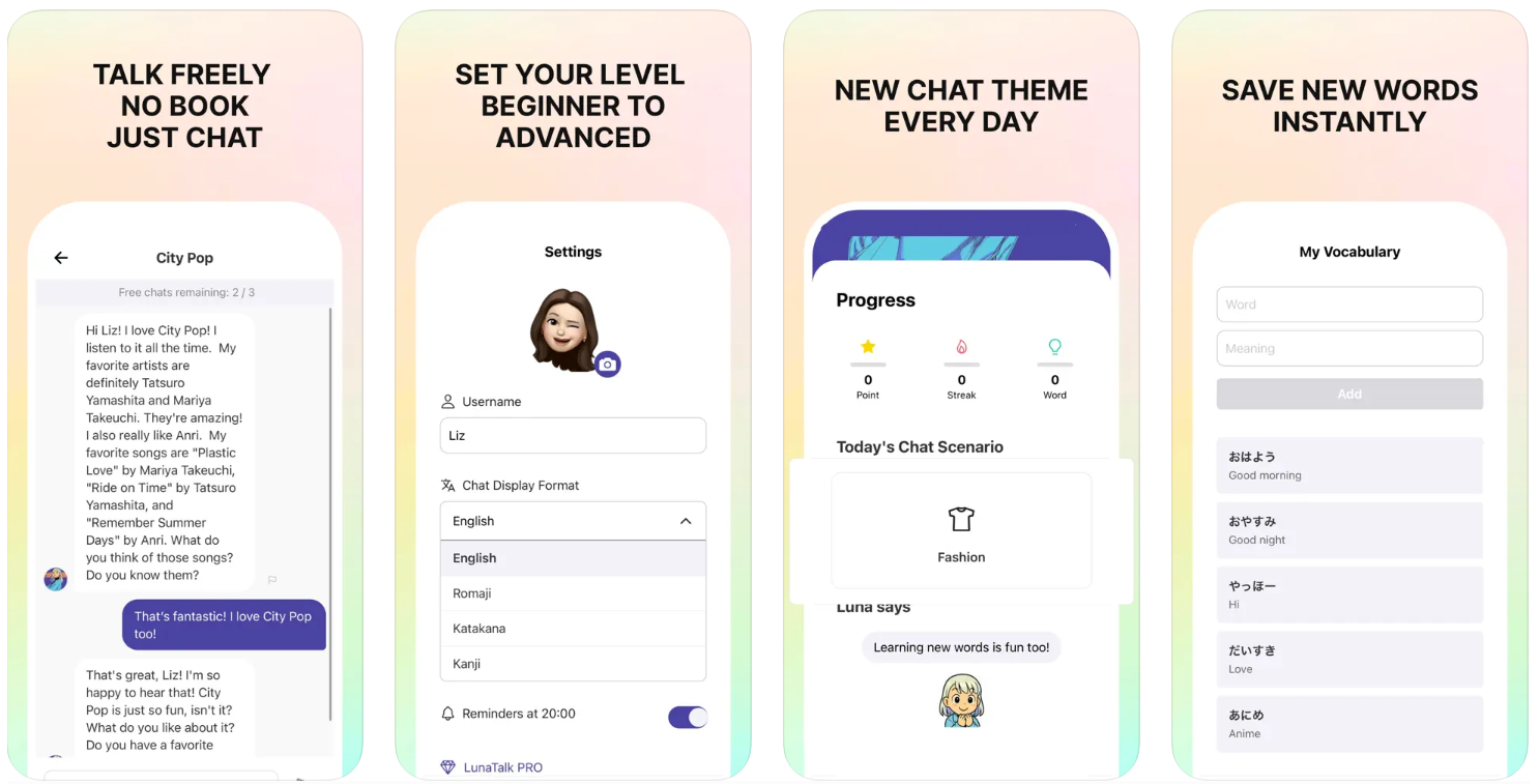 LunaTalk was developed with seven core screens. App Store/Google Play screenshots were optimized using ASO and SEO principles, achieving over 1,000 impressions per month without any paid advertising. Try it for free!