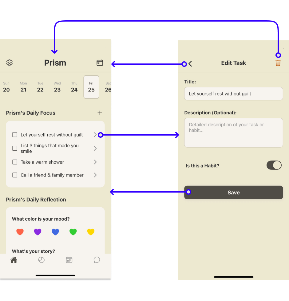 I also eliminated gestures like long-press and swipe, designing the interface so that users interact through simple icon taps.