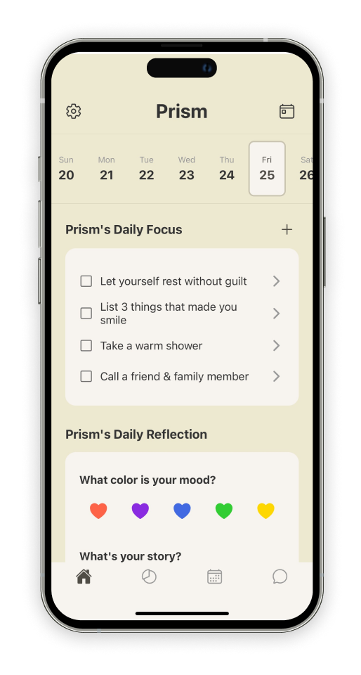 Mood is expressed through colors instead of words, reflecting that emotions are complex and cannot always be captured by labels like “angry” , “sad” and “happy”. This abstract approach creates a gentle, judgment-free experience.